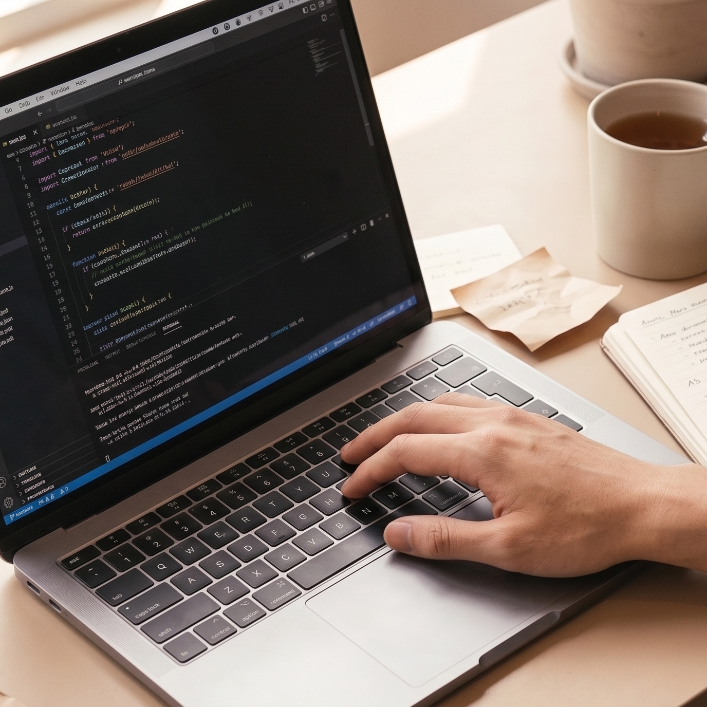 An Trinh's workspace — laptop with code editor, notebook, and tea