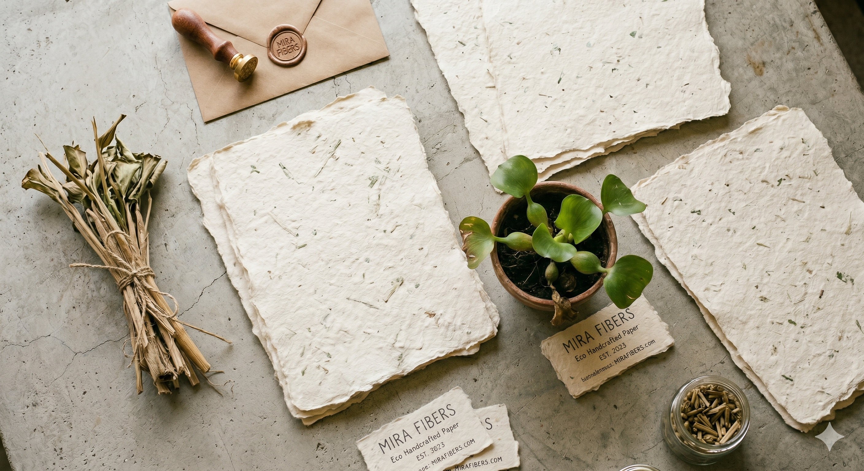 Ensover — flat-lay of handcrafted paper products from water hyacinth